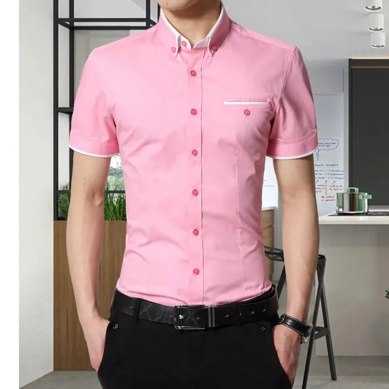 New Men's Summer Business Shirt, Short Sleeves, Turn-Down Collar, Tuxedo Style