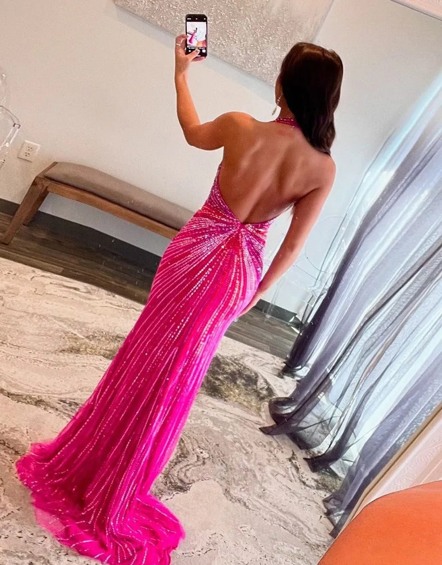 Ollie | Fuchsia Halter Mermaid Beaded Prom Dress With Split