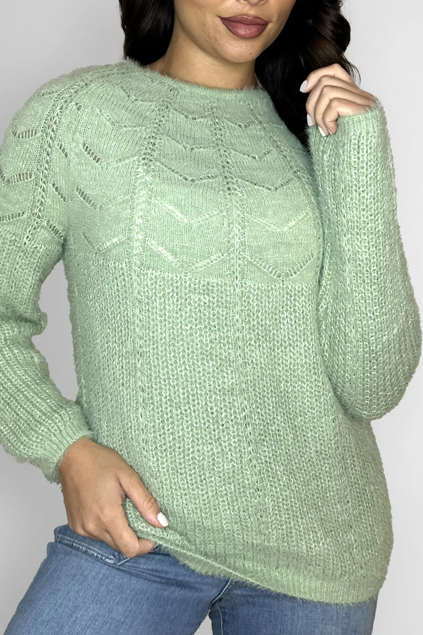 Perforated Chunky Knitted Fluffy Lurex Jumper