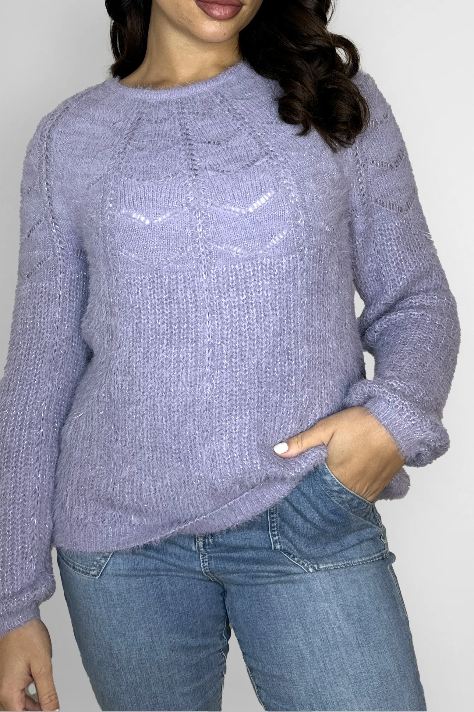 Perforated Chunky Knitted Fluffy Lurex Jumper