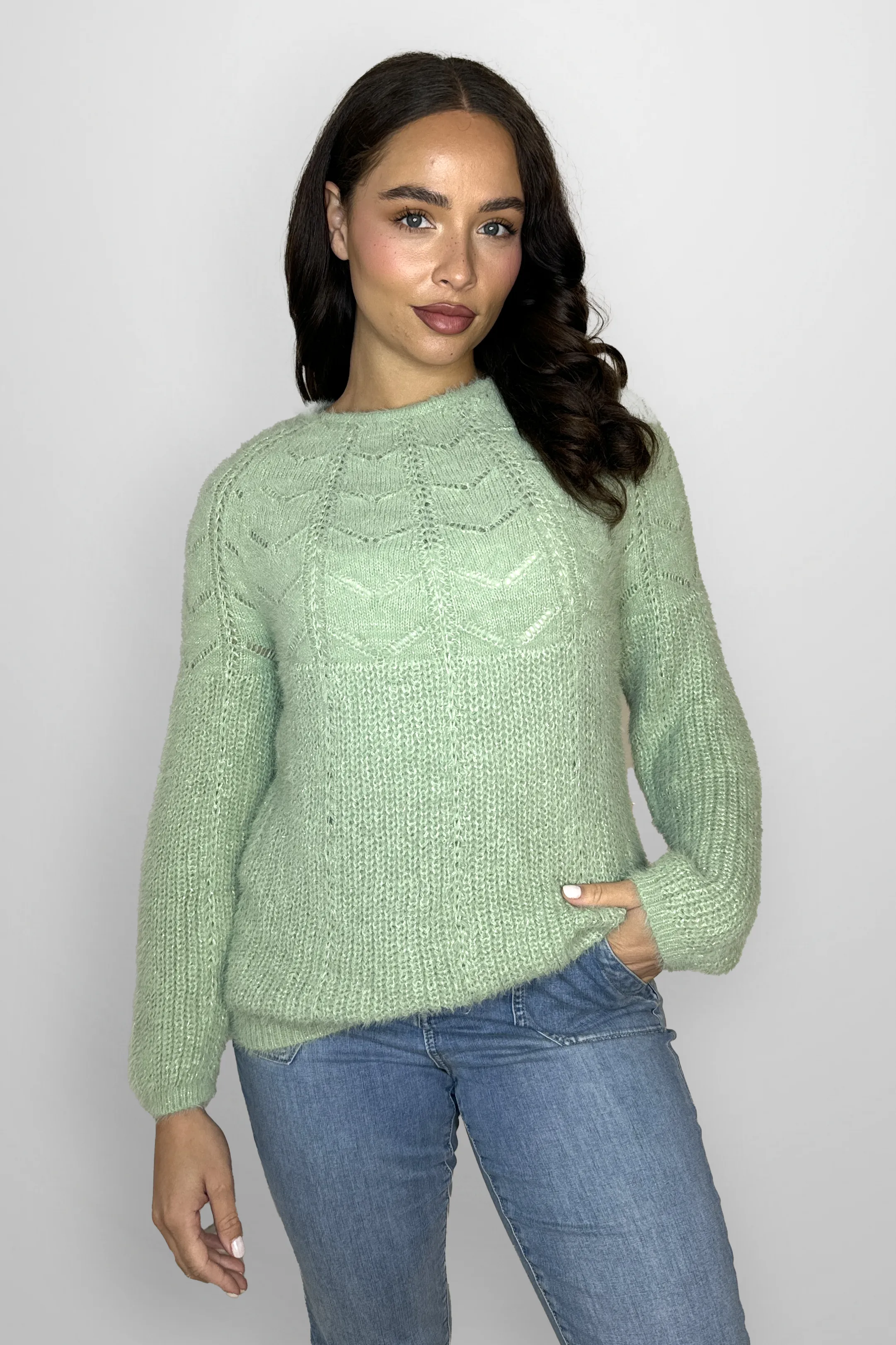 Perforated Chunky Knitted Fluffy Lurex Jumper