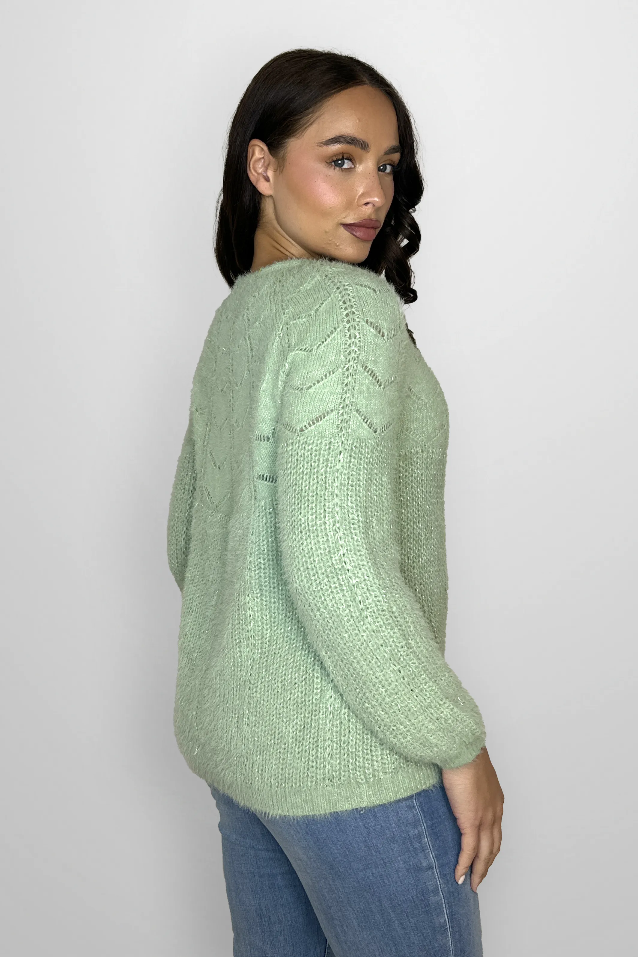 Perforated Chunky Knitted Fluffy Lurex Jumper