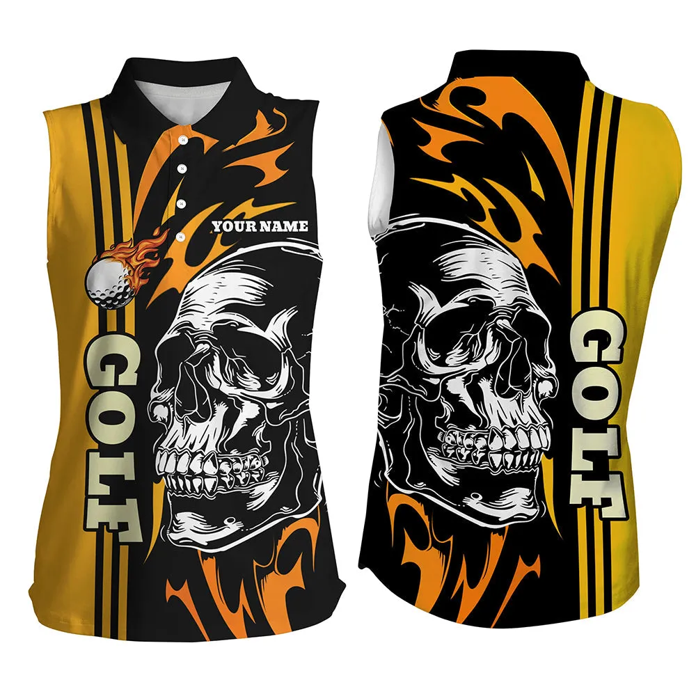 Personalized Womens Sleeveless Polo Shirts Custom Black And Yellow Skull Golf Top For Ladies