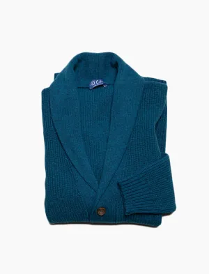 Petrol Blue Ribbed Shawl Neck Wool & Cashmere Cardigan