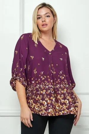 Plum 3/4 Button Tab Sleeve V Neck Popover - Plus