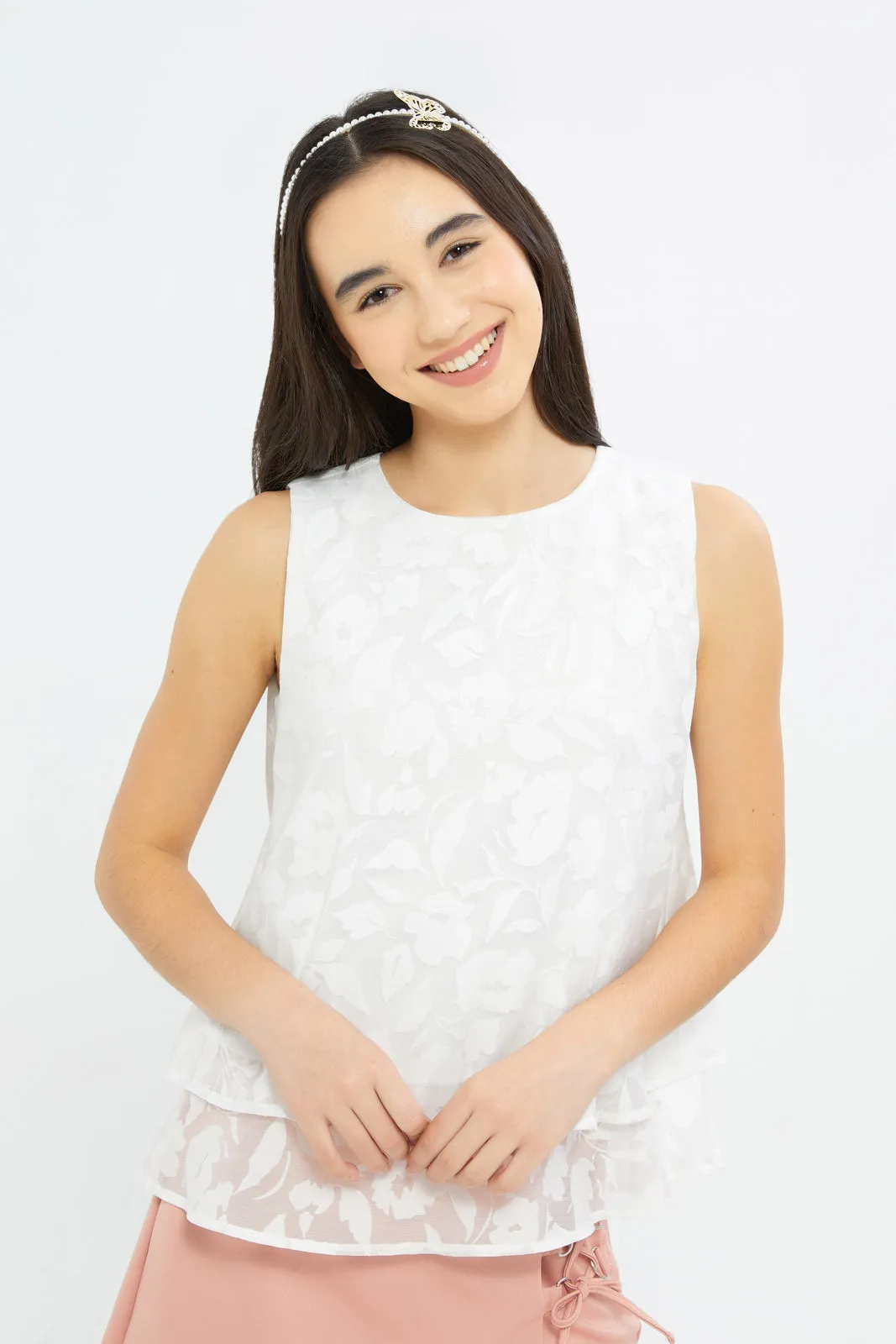 Senior Girls White Organza Layered Blouse