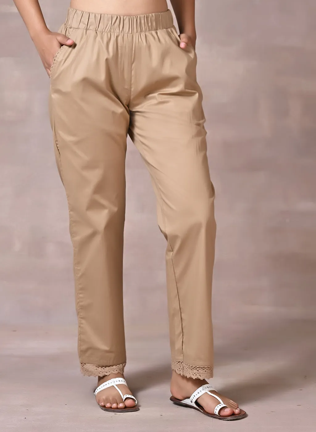 Shazia Beige Cotton Relaxed Fit Pants for Women