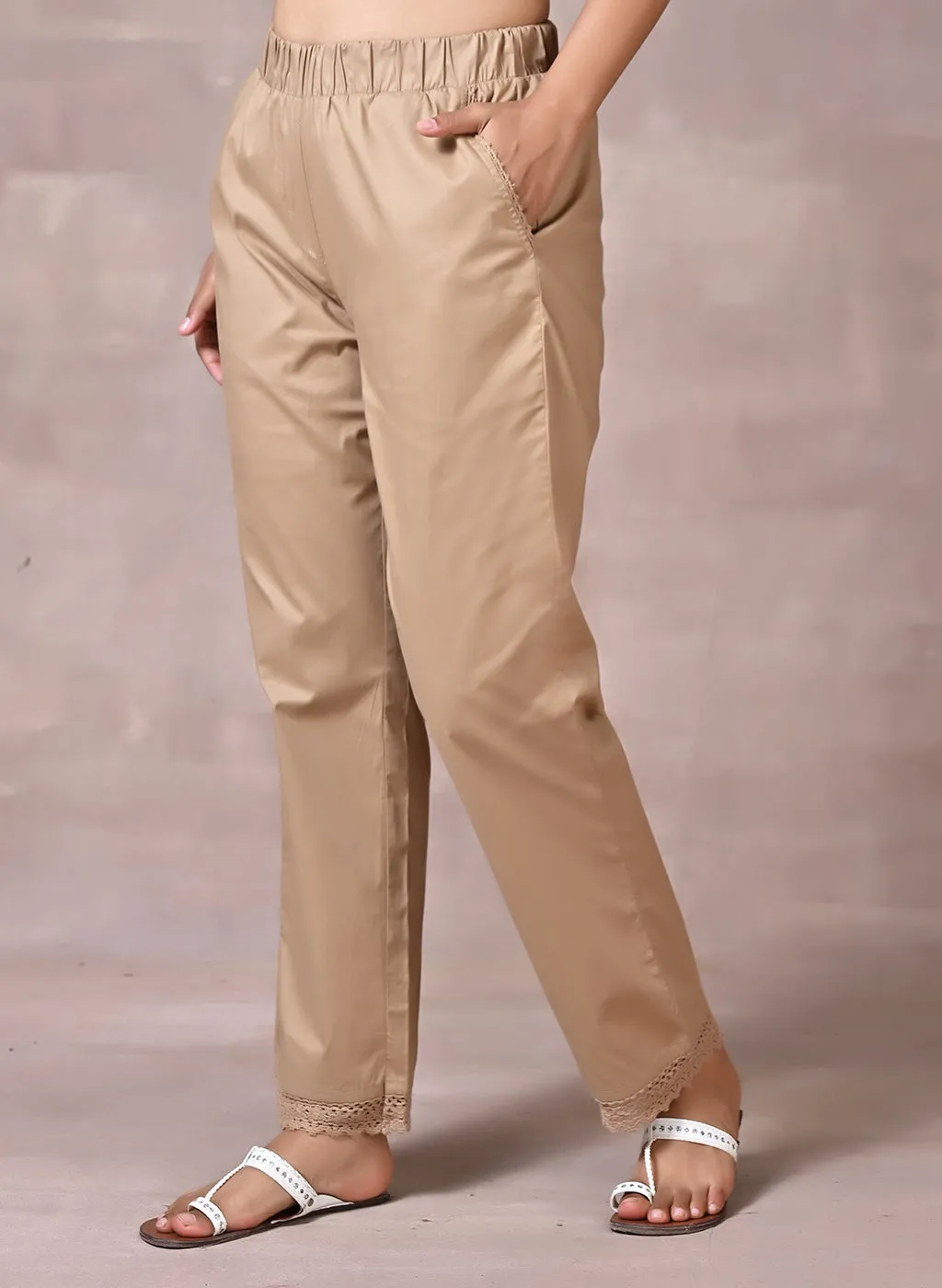 Shazia Beige Cotton Relaxed Fit Pants for Women