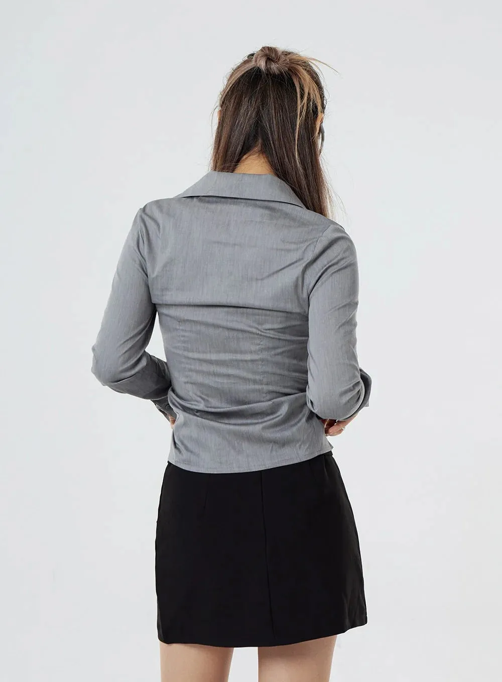 SOLID RUCHED COLLAR WITH BUTTON CROP SHIRT