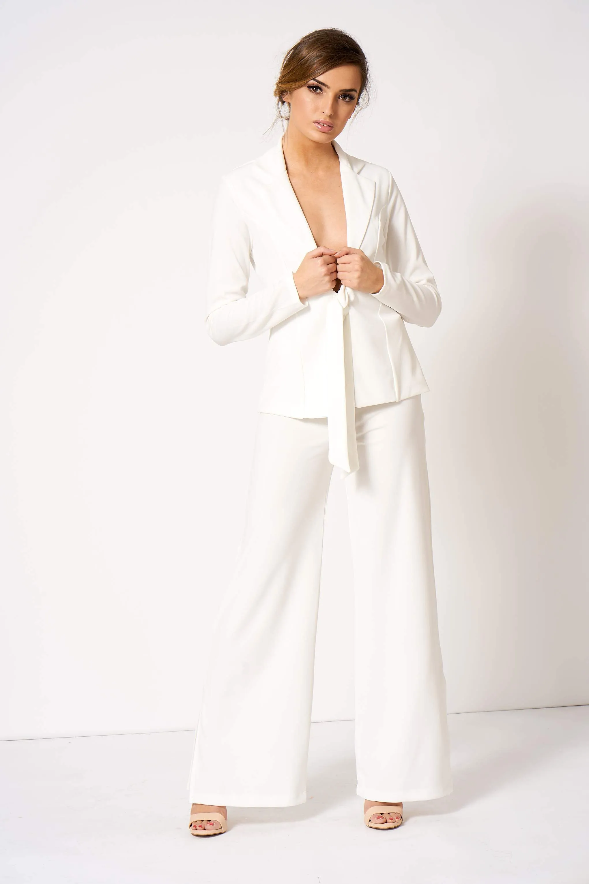 White High Waisted Side Split Trousers