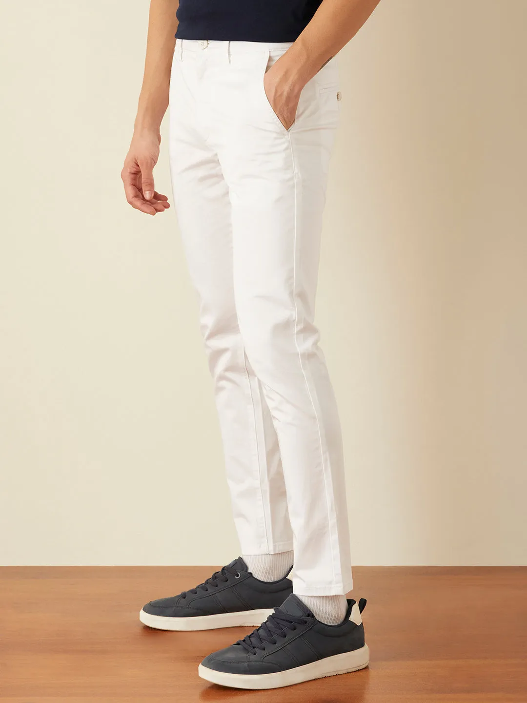 White Plain Slim Fit  Trousers