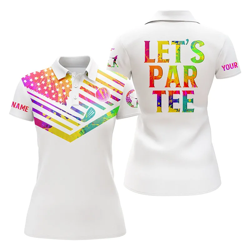 Womens Golf Polo Shirts Watercolor American Flag Custom Name Let’s Par Tee White Golf Shirt